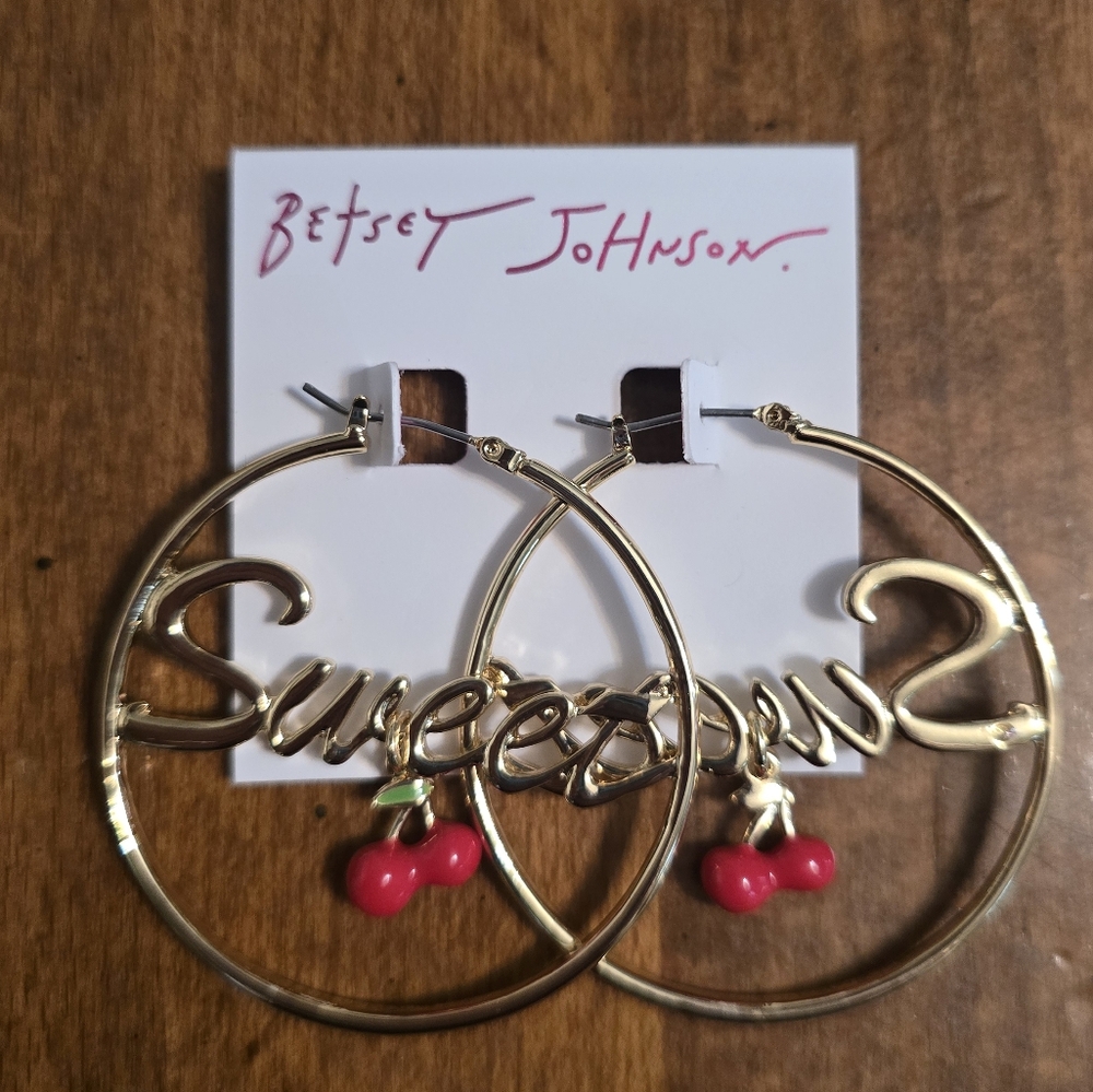 Betsey Johnson Gold Hoop Earrings with Cherry Charm